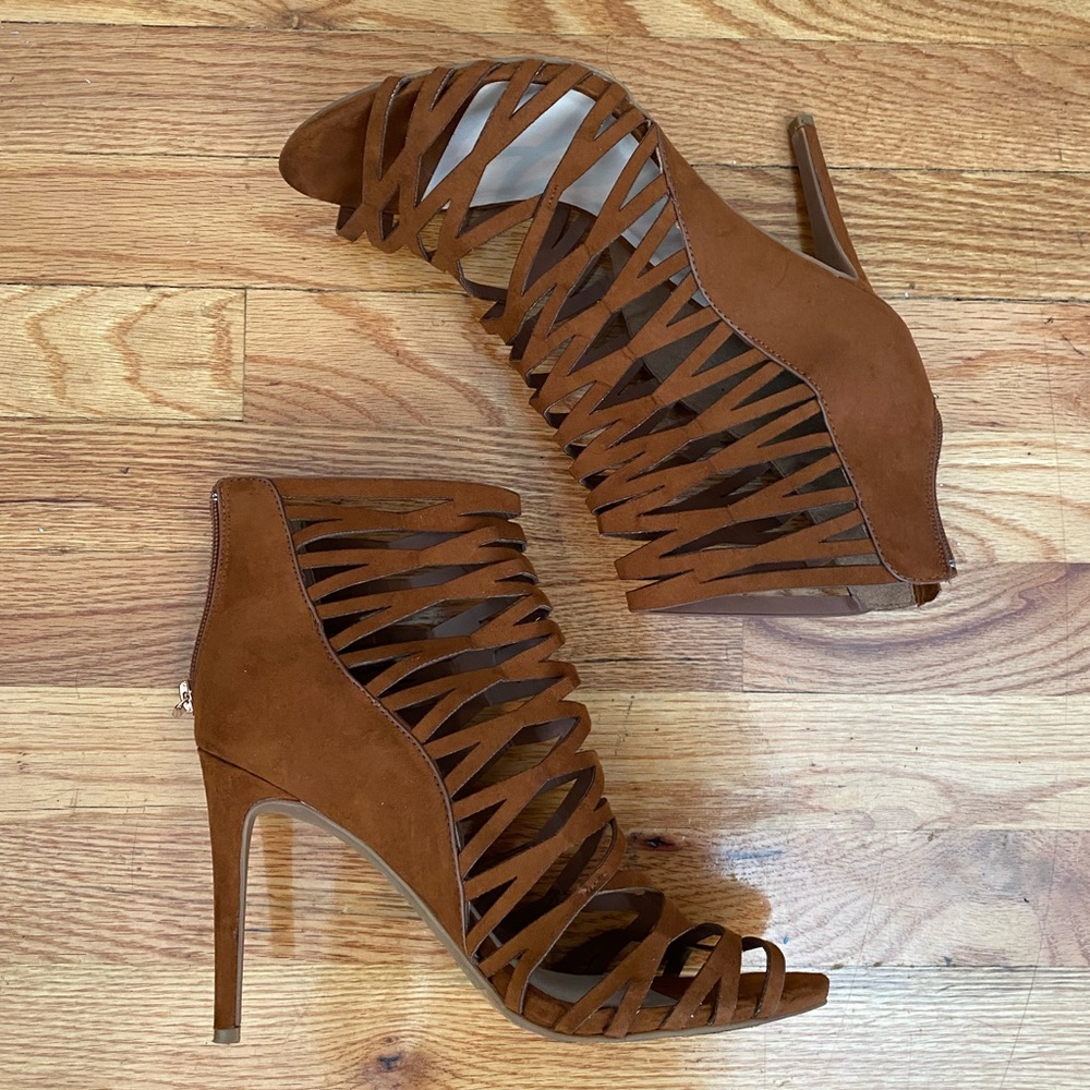Brown crisscross stilettos